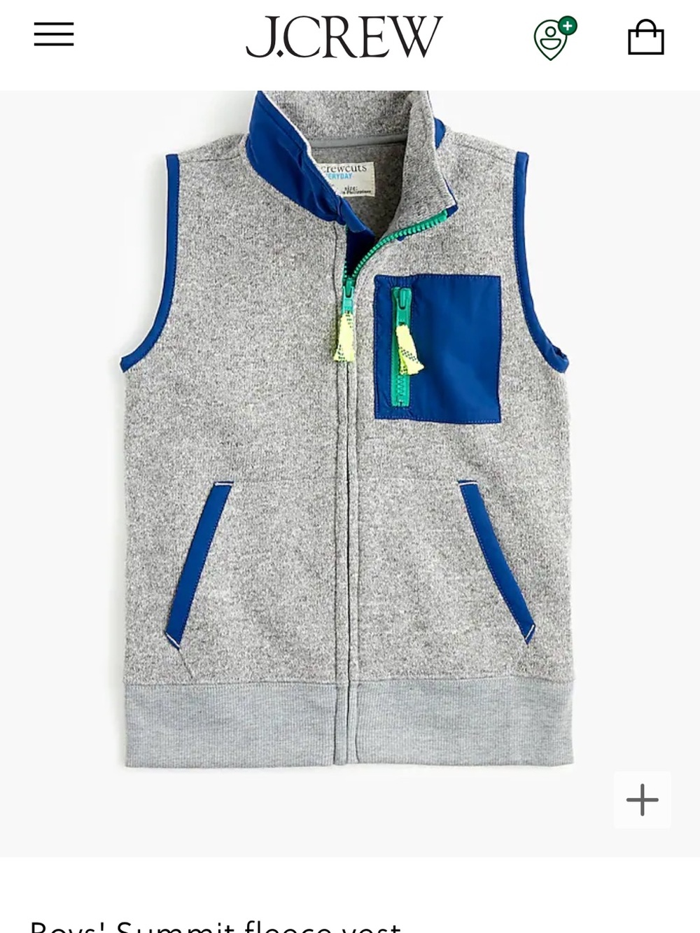 Crewcuts Gray Fleece Vest with Blue Trim and Green Zipper Accents